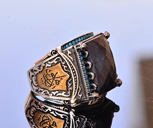 KAMBO Handmade 925 Sterling Silver Men's Blue Sapphire Rectangle Gemstone Ring, Vintage Arabic Islamic Design, Statement