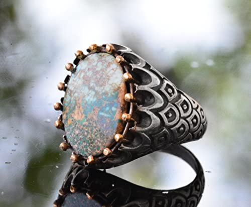 KAMBO Handmade Natural Turquoise Men's Ring in 925 Sterling Silver | Bold Earthy Gemstone Design | Vintage Statement Jew