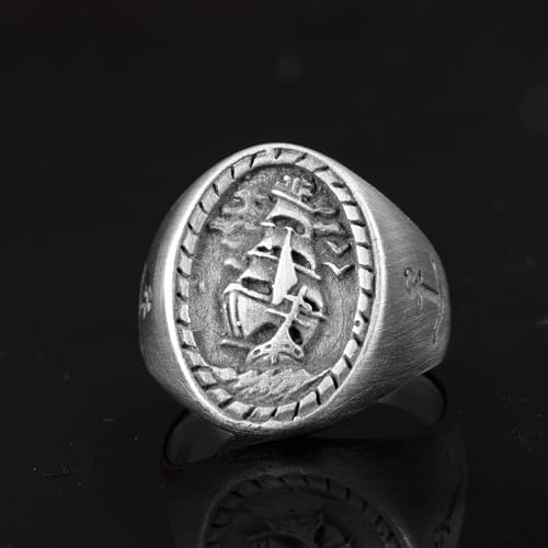 KAMBO Handmade Viking Pirate Sailing Ship Signet Ring for Men, 925 Sterling Silver Adjustable Anchor Design, Minimalist 
