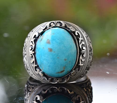 KAMBO Handmade Men's Ring with Natural Turquoise Stone in 925 Sterling Silver, Vintage Style-1 Design, Statement Jewelry