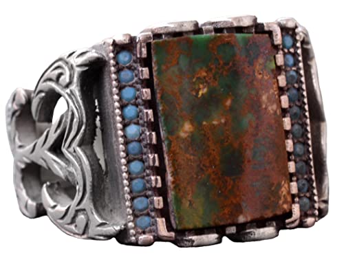 KAMBO Genuine Arizona Turquoise Men's Ring - Handcrafted 925 Sterling Silver - Unique Vintage Design - Authentic Gemston