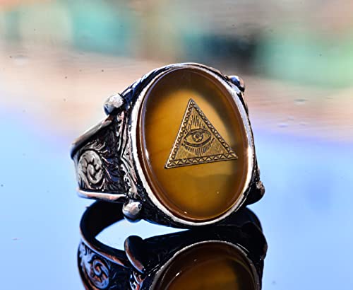 925 Sterling Silver Men's Ring with Created Yellow Agate Stone, Pyramid Evil Eye Design