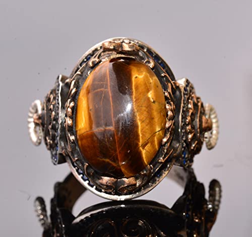 KAMBO Handmade 925 Sterling Silver Men's Ring with Genuine Tiger Eye Gemstone, Vintage Lion Design, Gold Plated Statemen