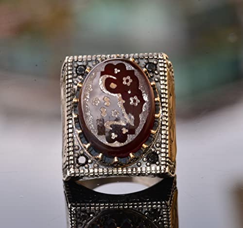 KAMBO Natural Agate Gemstone Ring for Men, Handmade 925 Sterling Silver, Art Deco Islamic Arabic Design, Vintage Stateme