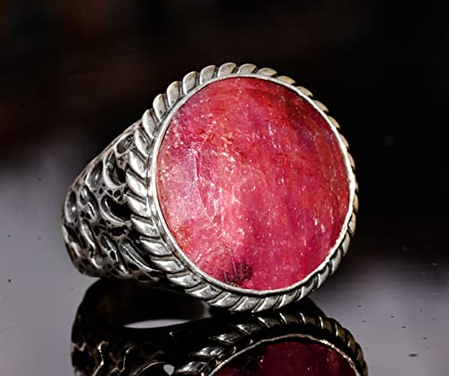 KAMBO Handmade 925 Sterling Silver Ruby Ring for Men, Genuine 19.20 Carat Red Gemstone Statement Birthstone Ring, Vintag