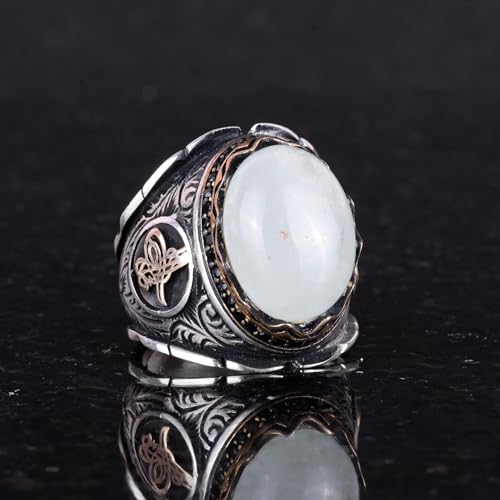 KAMBO Natural Cabochon Aquamarine Gemstone Ring, Ottoman Empire Tugra Silver Design, Serene 925K Solid Sterling Silver M