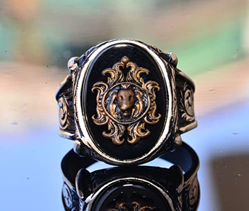 Handcrafted 925 Sterling Silver Men's Ring with Lion Head Symbol and Created Onyx Stone, Unique Bold Design