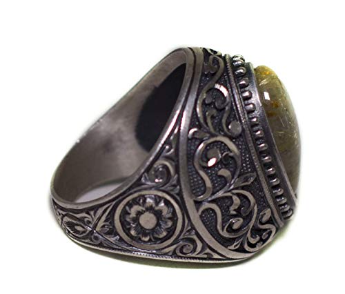 KAMBO Handmade 925 Sterling Silver Men's Ring with Natural Rutilated Quartz Gemstone - Unique Vintage Statement Jewelry 