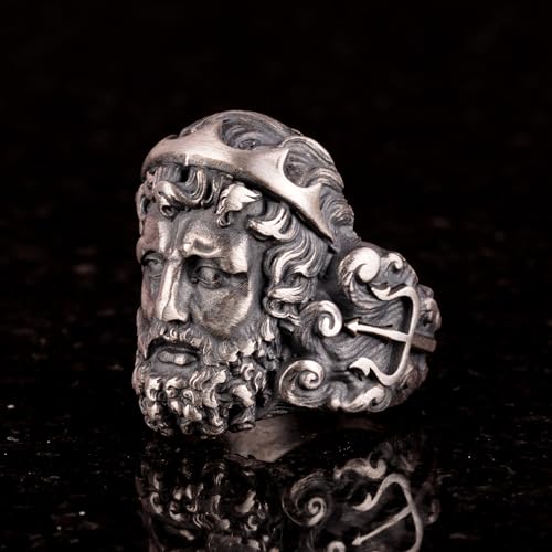 KAMBO Handmade 925 Sterling Silver Roman God Neptune Ring for Men, Gothic Trident Engraved Greek Mythological Design, Vi