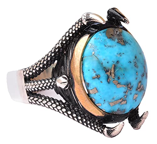 KAMBO Handmade Natural Arizona Turquoise Men's Sterling Silver Eagle Claw Ring 925 Vintage Statement Jewelry Gift for Hi