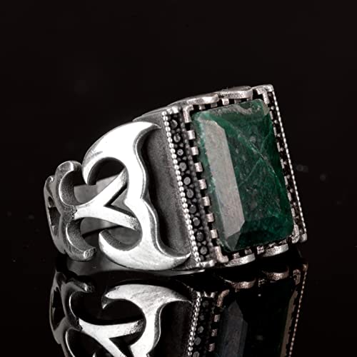 KAMBO Handmade 8.25 Carat Real Genuine Emerald Sterling Silver Ring for Men, Modern Cocktail Statement Birthstone Jewelr