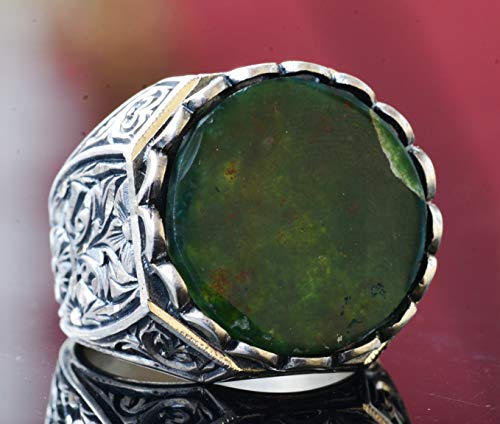 KAMBO Handmade 925 Sterling Silver Men's Ring with Natural Bloodstone Gemstone, Vintage Byzantium Round Design, Statemen