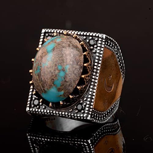KAMBO 925 Sterling Silver Men's Ring with Natural Turquoise Stone, Handmade Vintage Square Design Gemstone Statement Rin