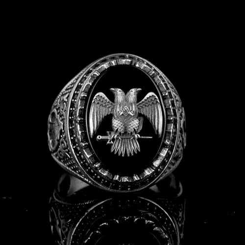 KAMBO Handmade 925 Sterling Silver Men's Ring with Obsidian Stone and Double Headed Eagle Emblem - Vintage Byzantium Sty