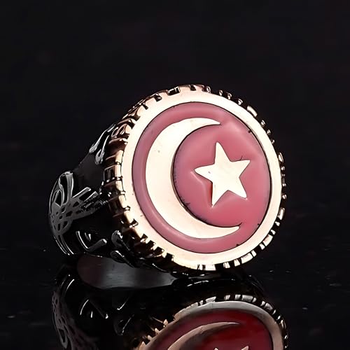 KAMBO Jewelry Handmade 925 Sterling Silver Men's Ring - Turkish Crescent and Star Moonstar Flag Design, Vintage Statemen