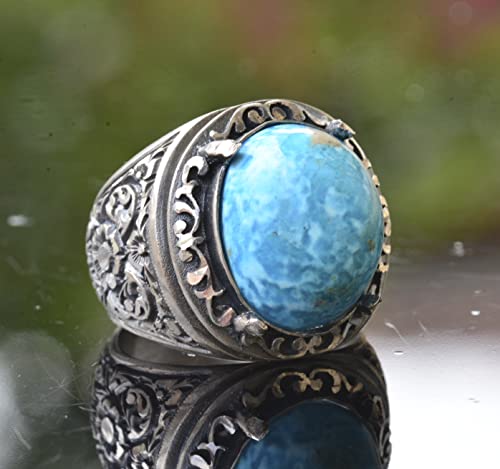 KAMBO Handmade Natural Turquoise Stone Men's Ring in 925 Sterling Silver, Vintage Style-2 Statement Ring, Unique Gift fo