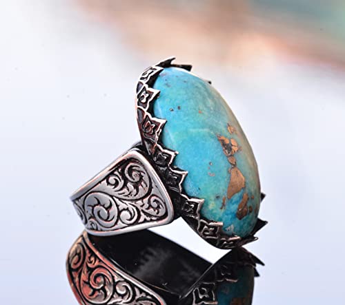 KAMBO Handmade Men's Natural Turquoise Ring in 925 Sterling Silver - Large Vintage Statement Ring for Him - Unique Style