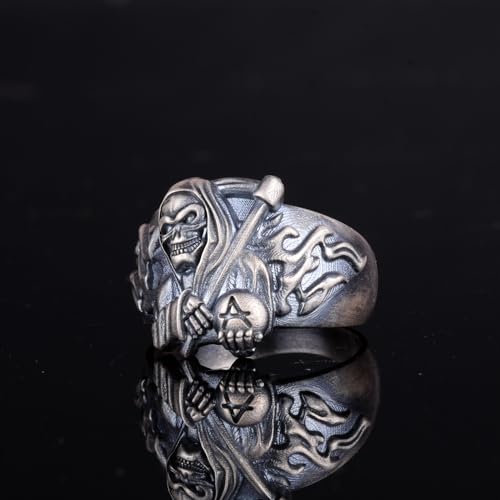 KAMBO 925 Sterling Silver Men's Grim Reaper Ring Handmade Gothic Skull Design Vintage Punk Rock Statement Jewelry Silver