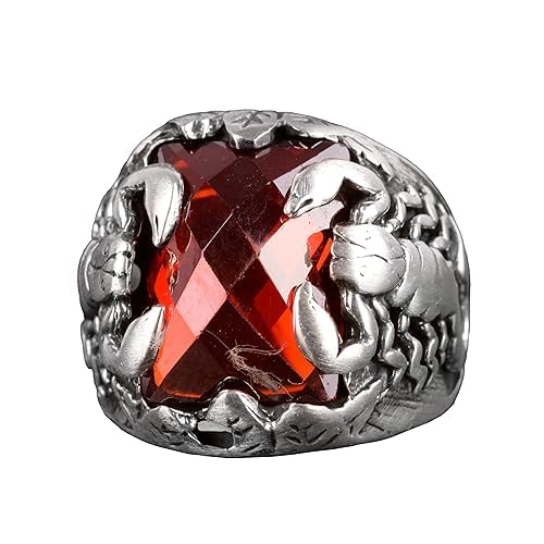 KAMBO Handmade 925 Sterling Silver Scorpion Ring for Men, Vintage Art Deco Scorpio Zodiac Sign with Created Garnet Stone