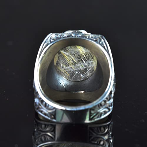 KAMBO Handmade Vintage Men's Ring with Natural Rutilated Quartz Gemstone, Intricate King-Inspired Engraved Design, 925 S