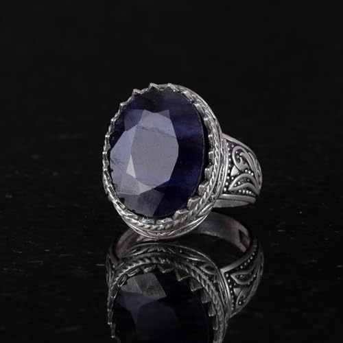 KAMBO Handmade 925 Sterling Silver Men's Blue Sapphire Ring - Minimalist Loyalty and Wisdom Design - Natural Stone Vinta