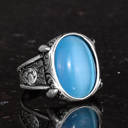 KAMBO 925 Sterling Silver Men's Ring with Created Blue Cats Eye Stone, Handmade Art Deco Vintage Statement Ring, Unique