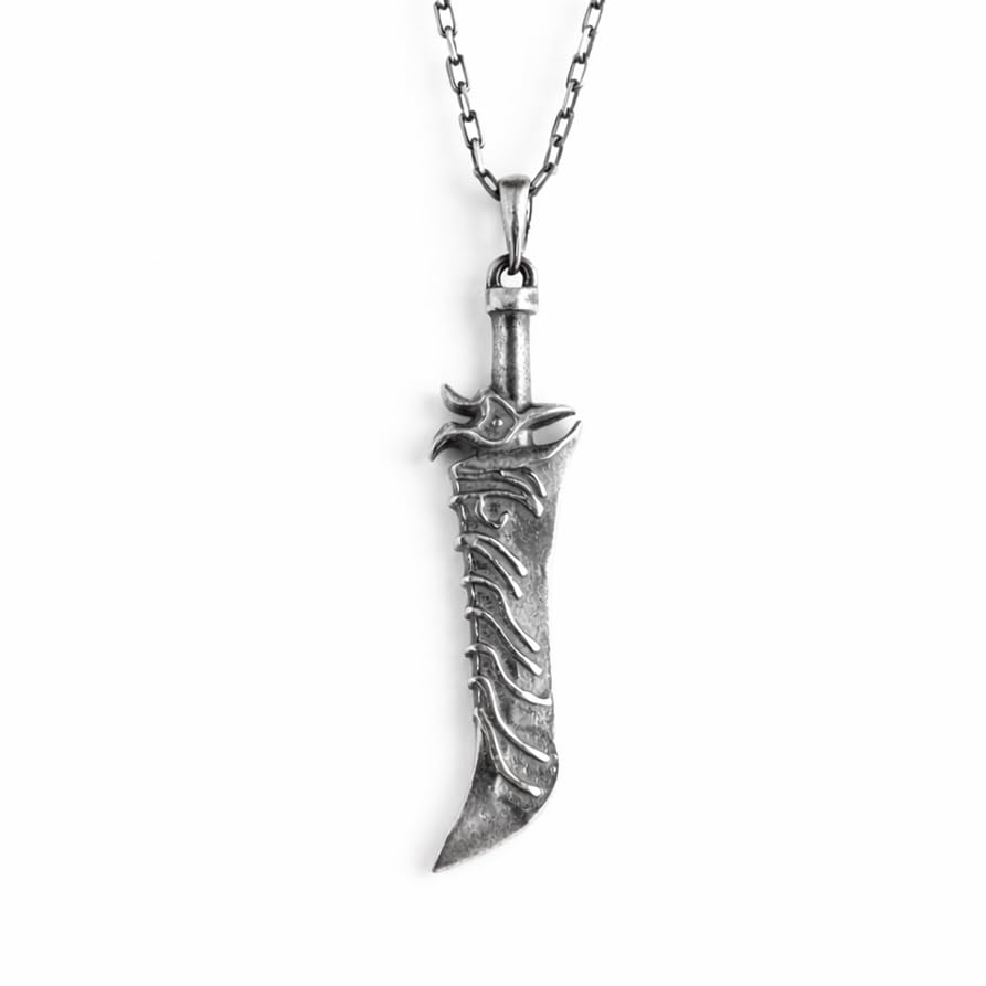 KAMBO 925 Sterling Silver Dagger Necklace – Curved Knife Necklace – Handmade Gothic Sword Jewelry – Masculine Expression Necklace – Unique Gift for Himself