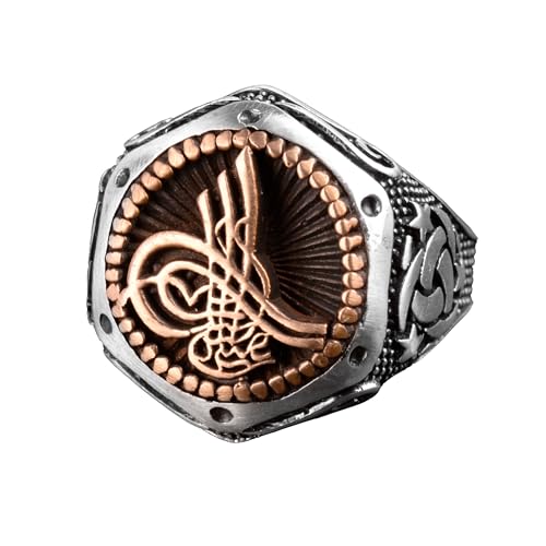Falcon Jewelry KAMBO Handmade 925 Sterling Silver Ottoman Sign Ring for Men, Adjustable Vintage Middle East Pattern Stat
