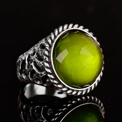 KAMBO Handmade 925 Sterling Silver Men's Peridot Stone Ring Minimalist Vintage Statement Jewelry Elegant Designer Band