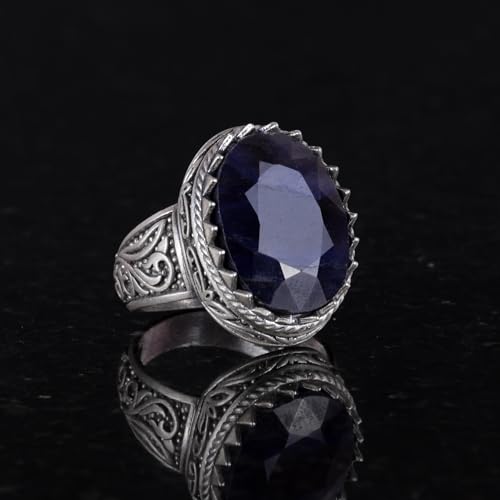 KAMBO Handmade 925 Sterling Silver Men's Blue Sapphire Ring - Minimalist Loyalty and Wisdom Design - Natural Stone Vinta