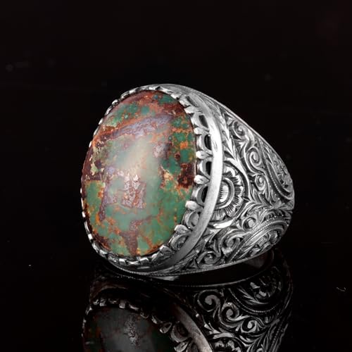 KAMBO Handmade 925 Sterling Silver Turquoise Ring for Men - Genuine Arizona Turquoise Gemstone, Vintage Elegant Style-2 