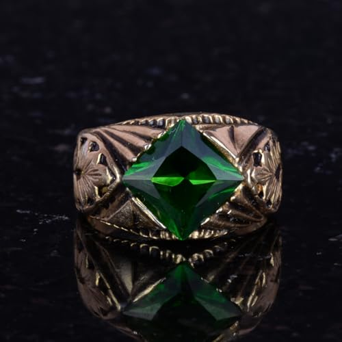 KAMBO Handmade 925 Sterling Silver Ring with Created Emerald Stone, Modern Men's Statement Jewelry, Gold Plated Design, 