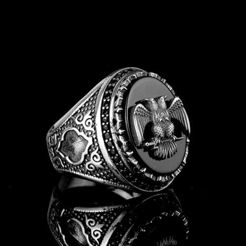 KAMBO Handmade 925 Sterling Silver Men's Ring with Obsidian Stone and Double Headed Eagle Emblem - Vintage Byzantium Sty