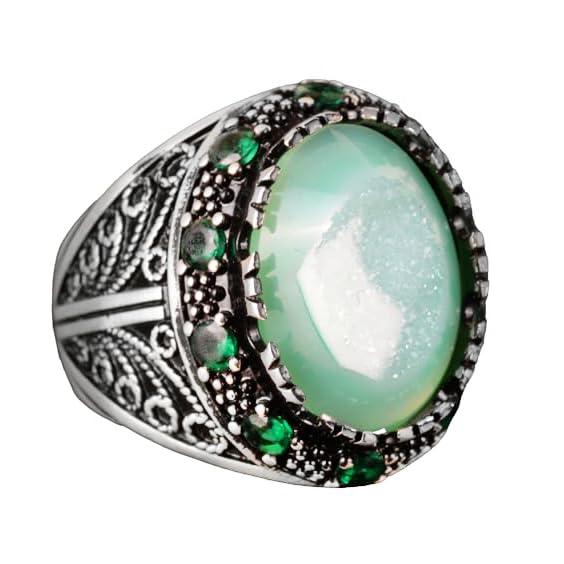 Crystal Druzy Quartz Stone Ring, 925 Sterling Silver Men's Ring (Model-2)