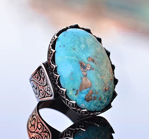 KAMBO Handmade Men's Natural Turquoise Ring in 925 Sterling Silver - Large Vintage Statement Ring for Him - Unique Style