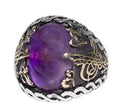 KAMBO 925 Sterling Silver Men's Ring with Natural Amethyst Stone, Handmade Ottoman Tughra Design, Vintage Statement Jewe
