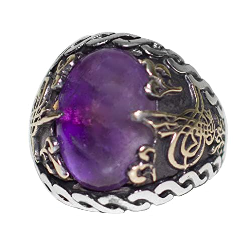 KAMBO 925 Sterling Silver Men's Ring with Natural Amethyst Stone, Handmade Ottoman Tughra Design, Vintage Statement Jewe