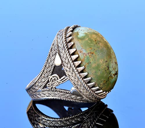 KAMBO Handmade Genuine Natural Arizona Turquoise Gemstone Men's Ring, Ottoman Seal Design, Vintage Statement 925 Solid S