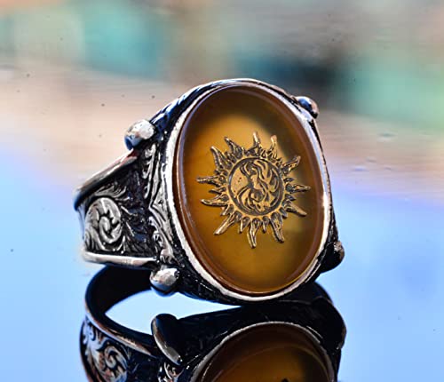 925 Sterling Silver Men's Ring with Created Yellow Agate Stone, Sun Design