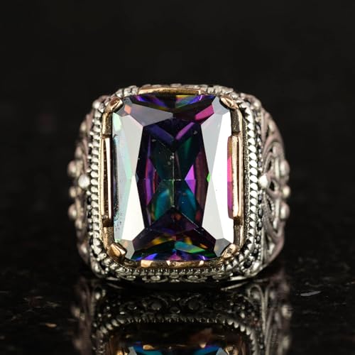 KAMBO Handmade 925 Sterling Silver Men’s Ring with Created Mystic Topaz Stone, Modern Statement Design, Vintage Style, C