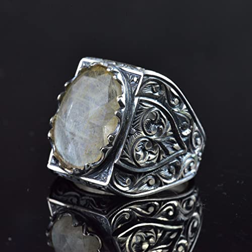 KAMBO Handmade Vintage Men's Ring with Natural Rutilated Quartz Gemstone, Intricate King-Inspired Engraved Design, 925 S
