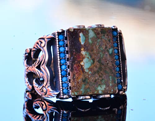 KAMBO Handmade Genuine Natural Arizona Turquoise Sterling Silver Men's Ring - Vintage Style-1 Statement Ring - 925 Sterl
