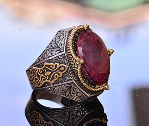 KAMBO Handmade Vintage Ruby Ring for Men - 925 Sterling Silver Statement Gemstone Ring with Gold Accents, Classic Design