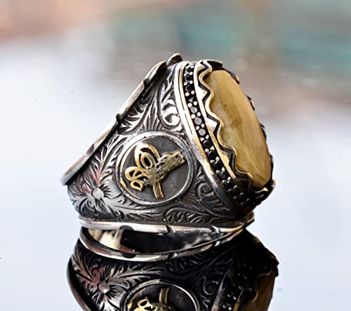 KAMBO Handcrafted Men's Ring with Genuine Yellow Sapphire - Intricate 925 Sterling Silver Ottoman Seal Signet Design - U