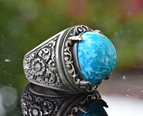 KAMBO Handmade Natural Turquoise Stone Men's Ring in 925 Sterling Silver, Vintage Style-2 Statement Ring, Unique Gift fo