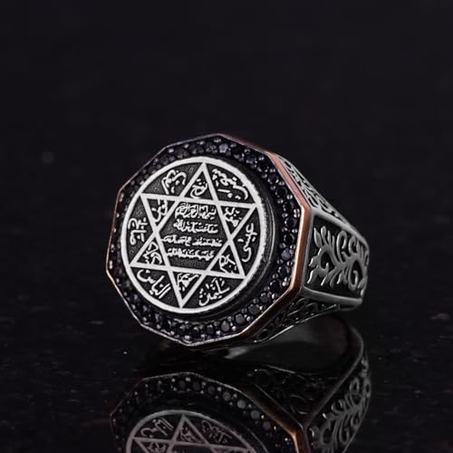 KAMBO Solomon Seal Ring Handmade 925 Sterling Silver Men’s Statement Ring with Onyx Stone and Star of David Jewish Desig