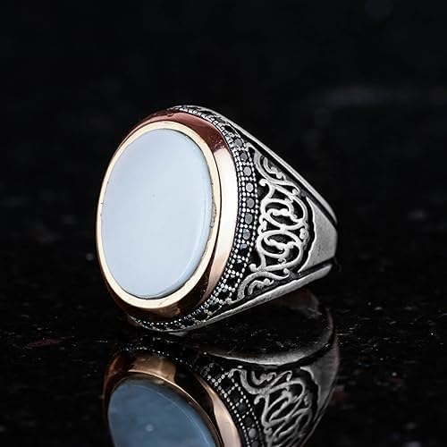 KAMBO Mother of Pearl Ring, Natural Pearl Stone Silver, 925 Sterling Silver Men's (Personalization) — 3