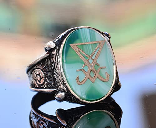 Handcrafted 925 Sterling Silver Men's Ring with Satanic Symbol and Created Onyx Stone, Unique Mystical Design