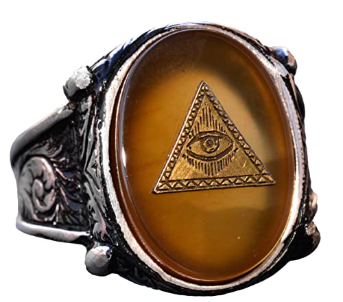 925 Sterling Silver Men's Ring with Created Yellow Agate Stone, Pyramid Evil Eye Design
