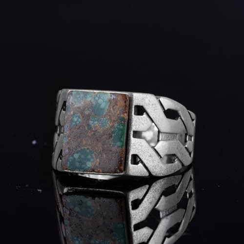 KAMBO Handmade Natural Turquoise-2 Rectangular Men’s Ring in 925 Sterling Silver – Gothic Geometric Vintage Statement De